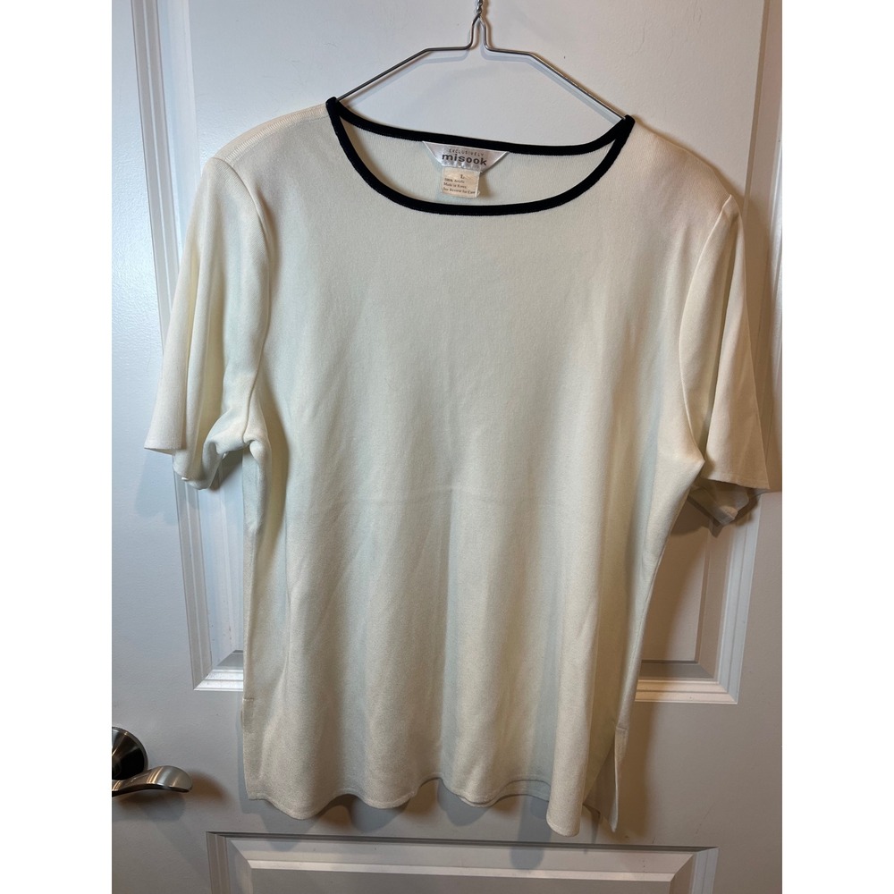 Misook Womens Knit Top Contrast Trim Cream Large